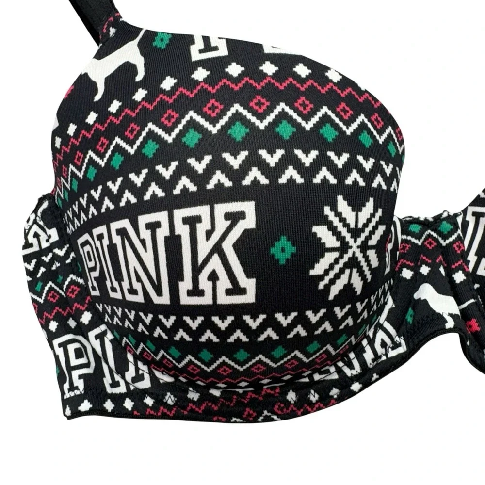 Victoria's Secret PINK Womens Bra 32C Black Fair Isle Christmas Lightly Lined